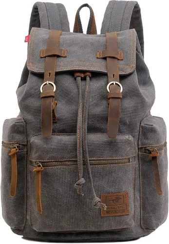 Miniatura 12 de HuaChen Mochila de viaje de lona vintage con ribete de cuero, funda acolchada para laptop, bolsillo de seguridad trasero oculto, se adapta a 14