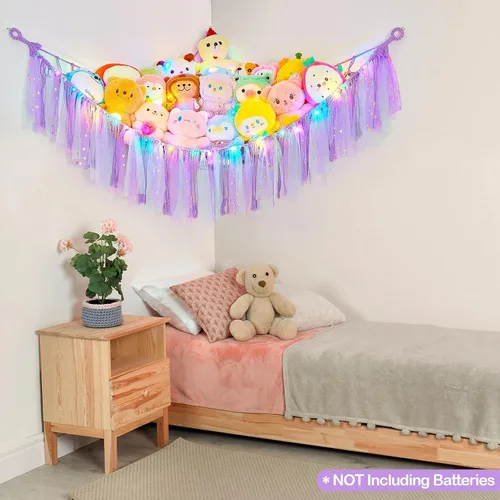 Miniatura 7 de FIOBEE Red de Animales de Peluche o Hamaca con Luz LED, Hamaca de Juguetes Colgante Organizador de Almacenamiento Soporte para Animales de Peluche