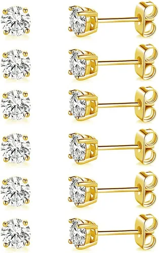 Miniatura 34 de Aretes de tuerca chapados en oro blanco de 18 quilates de 3 a 0.315 in con circonita cúbica redonda, paquete de 6 pares