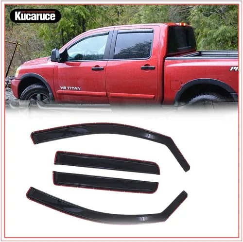 Sun Rain Guards - Deflector de viento para ventana, 4 piezas de cinta en canal en color humo oscuro para Nissan Titan Crew Cab 2004-2015 194858