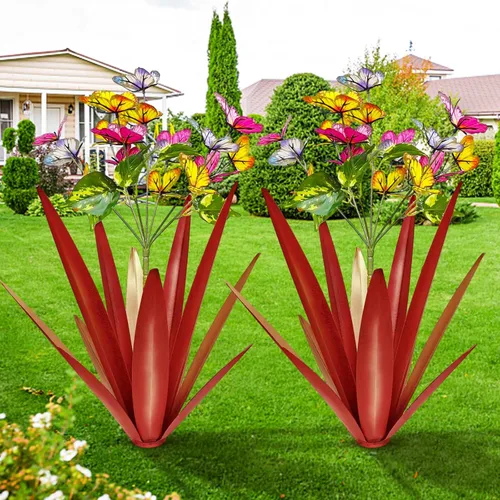 TOMBABY Mariposa de Jardín Exterior Agrandada Engrosada Resistente al Viento Metal Agave Arte de Jardín Metal Planta Escultura de Campo Estatua Rojo