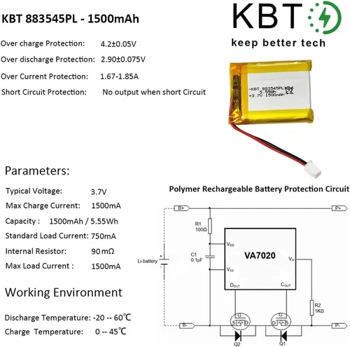 Miniatura 6 de KBT 3.7V 1500mAh Batería de Polímero de Litio: 883545 Baterías Lipo Recargables de Iones de Litio con Conector JST para Placa de Desarrollo Arduino