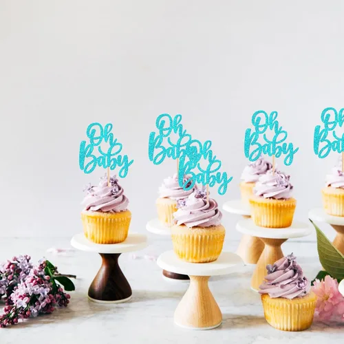 Miniatura 4 de 24 piezas Oh Baby Cupcake Toppers Glitter Baby Shower Cupcake Picks Reveal Género Decoración de Pasteles para Baby Shower Niños Niñas Fiesta de Azul