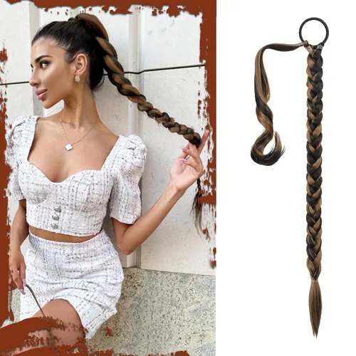 Miniatura 17 de Sofeiyan Extensión de cola de caballo de trenza larga con banda para el cabello, lacio, elegante, envolvente, extensiones de cabello trenzado, cola