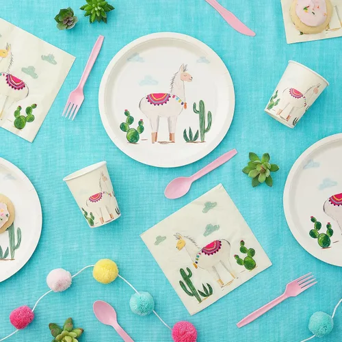 Miniatura 2 de 144 piezas de suministros de fiesta de cumpleaños con llama con platos de papel, servilletas, tazas y cubiertos para celebración de fiesta mexicana
