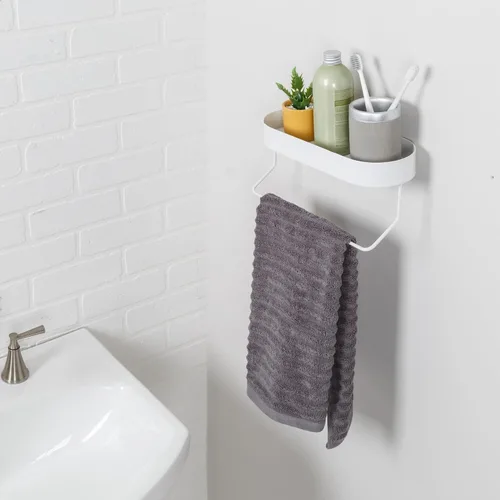 Miniatura 2 de Honey Can Do SHF-09519 - Estante de baño montado en la pared con toallero y bandeja superior ovalada, color blanco