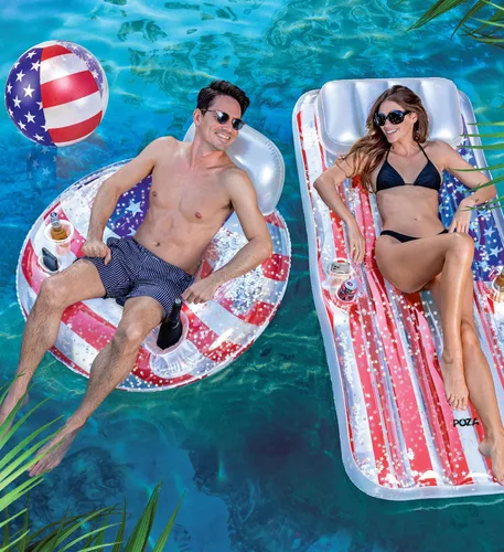 Miniatura 5 de POZA Flotador inflable de piscina de Estados Unidos – Lujosa tumbona divertida llena de confeti de estrellas plateadas brillantes, diseño de bandera