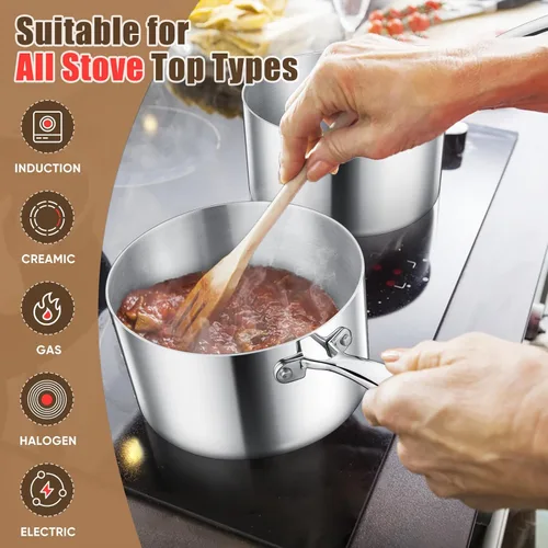 Miniatura 4 de E-far Juego de cacerolas de acero inoxidable, 1 cuarto y 2 cuartos de galón, olla triple con tapa para cocinar pasta, calentar leche hirviendo agua
