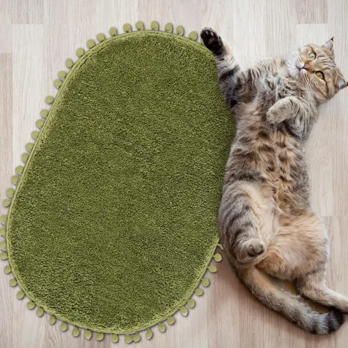 Miniatura 8 de YIRDDEO - Alfombra de baño verde oliva con pompones para baño, antideslizante, linda alfombra de baño boho con pompones ovalados absorbentes