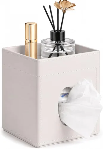 Miniatura 9 de LAMOTI Funda de cuero para caja de pañuelos con bandeja de almacenamiento, soporte cuadrado para caja de pañuelos faciales para baño, mesa de Negro