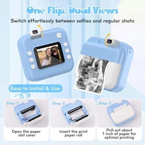 Miniatura 6 de Cámara para niños con impresión instantánea: cámara digital con lente abatible, regalo de cumpleaños para niños y niñas, fotos de impresión Azul