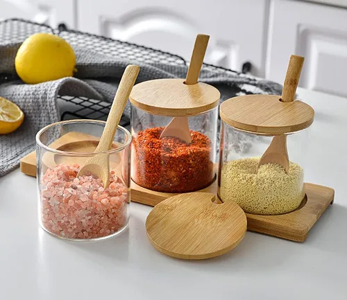 Miniatura 5 de Lawei Juego de 3 tarros de condimentos con tapas y cucharas – Tazones de cristal para azúcar y sal para servir azúcar, especias y sal