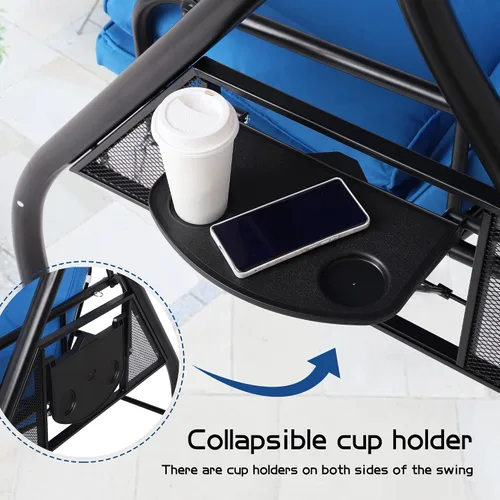 Miniatura 9 de Columpio de porche al aire libre de 3 asientos con toldo ajustable, cama convertible con soporte, planeador de patio con cojín, almohada y soporte