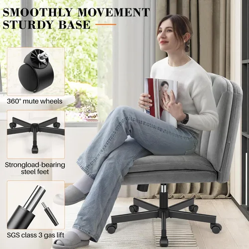 Miniatura 7 de FelixKing Silla Criss Cross con Ruedas, Silla de Oficina con Patas Cruzadas, Silla de Escritorio de Tocador Ancha sin Brazos con 2 Capas de gris
