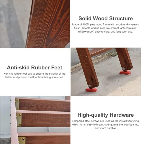 Miniatura 3 de Escalera para litera de 3 escalones, 4 escalones, 5 escalones, para personas pesadas, escaleras de madera con soporte de ganchos y pies Marrón