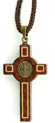 Miniatura 2 de Catholica Shop Collar con medalla de San Benito de madera con crucifijo en cordón para hombres y mujeres – Colgante religioso hecho a mano