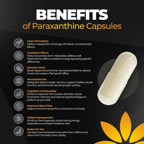 Miniatura 5 de Enfinity Cápsulas de Paraxantina, Energía Limpia y Concentración, Alternativa a la Cafeína 200 mg por Cápsula 30 Cápsulas por Botella