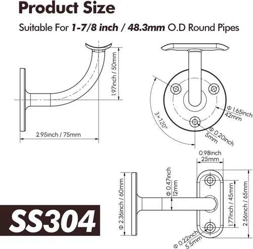 Miniatura 2 de Soporte de barandilla de mano, paquete de 2 accesorios resistentes de acero inoxidable 304 para escaleras de tubería de 1-7/8 pulgadas (1.902 in)