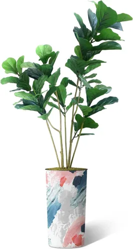 Miniatura 2 de Árbol artificial en macetero contemporáneo con patrón de margaritas, árbol de seda falso Ficus Lyrata para decoración del hogar en interiores