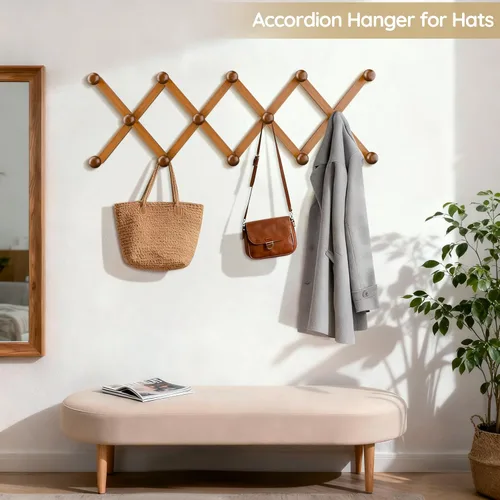 Miniatura 5 de WGFKVAS Perchero para sombreros de pared con 14 ganchos, de madera maciza, perchero expandible para colgar abrigos, sombreros, bolsos, gorras