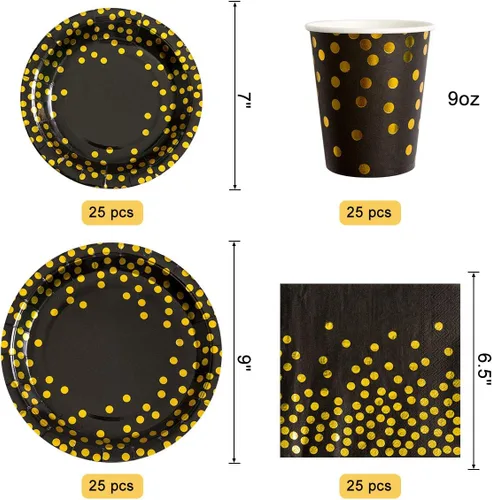 Miniatura 3 de HOMIX Suministros de fiesta negros y dorados, 175 piezas, platos desechables de papel negro, servilletas, vasos, tenedores de plástico dorado