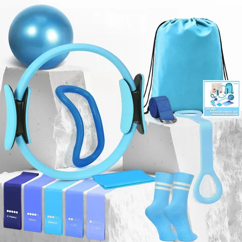 Miniatura 8 de Kit esencial de anillo de pilates para mujer, equipo de entrenamiento en casa con pelota de 9.8 pulgadas, bandas de resistencia, círculo mágico, Azul