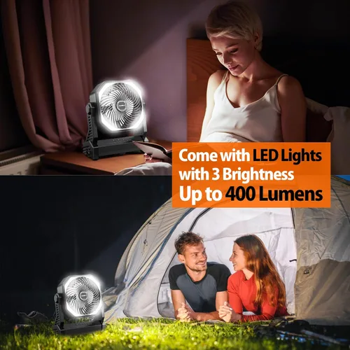 Miniatura 3 de Ventilador de camping de 20000 mAh, recargable, funciona con batería con gancho giratorio de 360°, luz de 400 lúmenes, pivote de 270°, 4