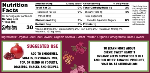 Miniatura 4 de Cherie Sweet Heart USDA Superalimento en polvo orgánico de remolacha, óxido nítrico 3 en 1, apoya la presión arterial saludable y la circulación