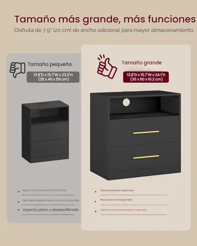 Miniatura 7 de VASAGLE Custos Collection - Mesita de noche de 23.6 pulgadas de ancho con estación de carga, luces LED, moderna mesita de noche, mesa auxiliar Negro