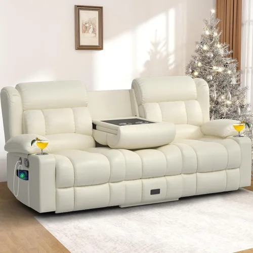 Miniatura 24 de Juego de Sofá Reclinable de Dos Plazas con 2+1 Piezas, Sillón Reclinable Minimalista de 2 Plazas con Pestaña de Tirón Manual, Tela con Puertos