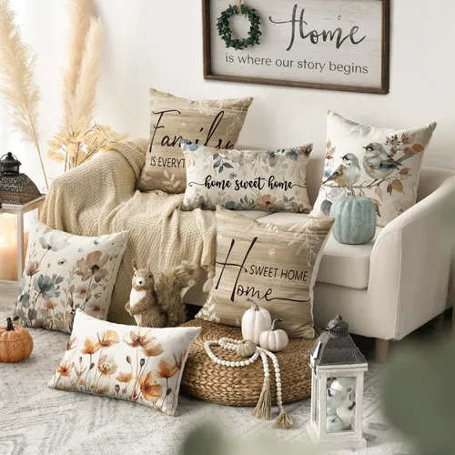 Miniatura 2 de AVOIN colorlife Chinoiserie - Juego de 4 fundas de almohada con diseño de flores de amapola Chickadee Home Sweet Home, 16 x 16 pulgadas, otoño
