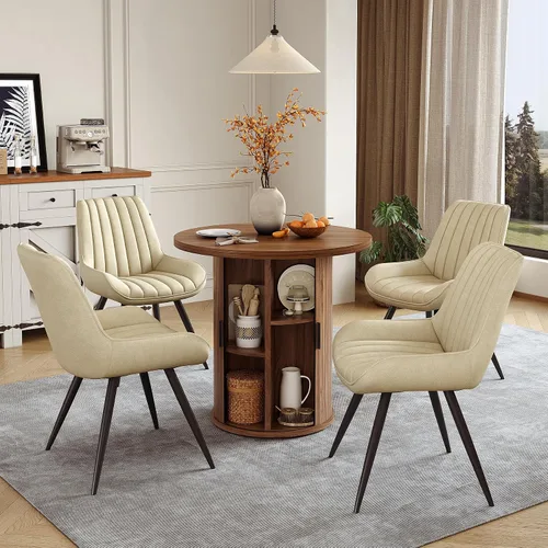 Miniatura 12 de Miereirl Juego de mesa y sillas de comedor moderno redondo, con una mesa de comedor de madera equipada con compartimentos de almacenamiento