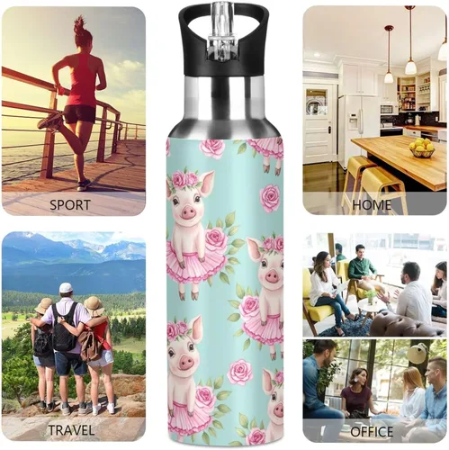 Miniatura 5 de Cute Watercolor Pigs Flower Crowns Insulated Stainless Steel Water Bottle with Straw 20 Oz Leakproof Water Bottles, BPA-Free Sports Water Bottle