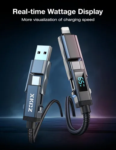 Miniatura 3 de Cable USB C 4 en 1 con pantalla de vatios, cable de carga múltiple trenzado de nylon redondo de 65W con sincronización de datos, combo de cable