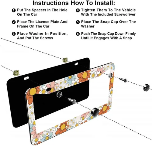 Miniatura 3 de Paquete de 2 marcos para placa de automóvil de acero inoxidable con tornillos, tapas y destornilladores, para mujeres y niñas, diseño de flores de 7