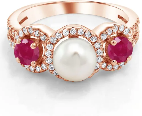 Miniatura 2 de Gem Stone King Anillo redondo de 1.50 quilates chapado en oro rosa de 18 quilates en plata cultivada en agua dulce, Metal Gema, Rubí Zirconia cúbica