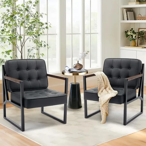 COLAMY Juego de 2 sillas decorativas modernas de mediados de siglo, cómoda silla de sala de estar, silla decorativa de cuero negro, sillón de