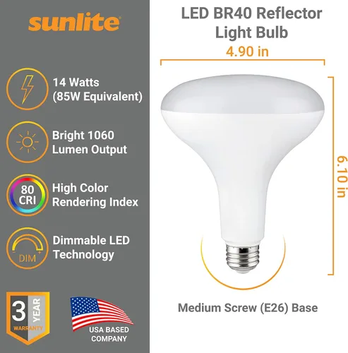 Miniatura 2 de Sunlite 41191 Bombilla LED BR40 empotrable, 14 W (equivalente a 85 W), 1060 lúmenes, base media (E26), regulable, inundación, certificación UL, 6500