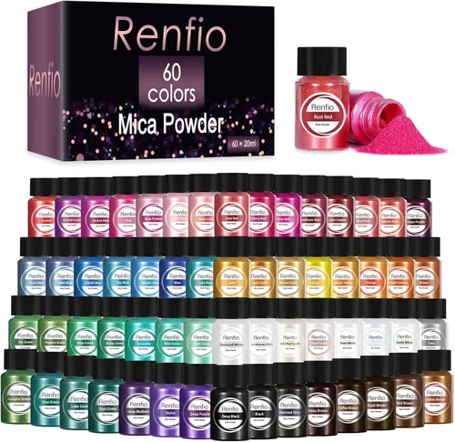 Renfio Polvo de mica, polvo de mica de 60 colores para resina epoxi natural, pigmento de color, pigmento en polvo, botellas de 0.25 onzas, pigmentos