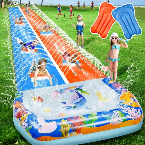 Toboganes de agua dobles de 40 pies para niños y adultos, toboganes de agua extralargos con 2 bodyboards, resistentes, juguetes inflables gigantes