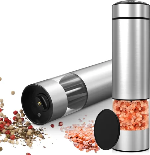 innhom Juego de molinillo eléctrico de sal y pimienta, funciona con pilas, molinillo de sal y pimienta de acero inoxidable, molinillo automático de