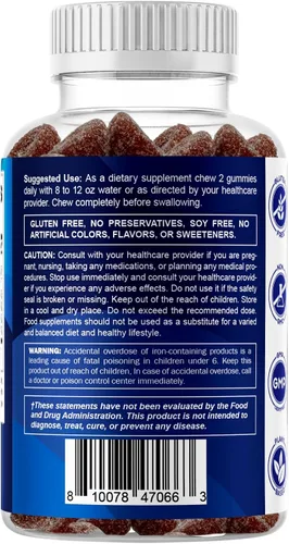 Miniatura 9 de Vitamatic Suplemento de gomitas de hierro para mujeres y hombres, porción de 20 mg, 60 gomitas veganas, vitaminas de gomitas de hierro de gran sabor