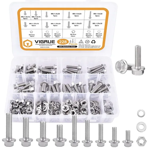 VIGURE - Kit surtido de 228 tornillos métricos M6 M8, M6 x 12/16/20/25/1.181 in de acero inoxidable con brida y tornillos y tuercas métricas de