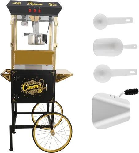Miniatura 9 de Máquina comercial de palomitas de maíz con carrito y hervidor de 20 onzas, máquina vintage de palomitas de maíz de 1440 W sobre ruedas con vidrio