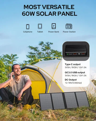 Miniatura 2 de Paneles solares portátiles de 60 W, cargador de panel solar plegable para estación de energía portátil (menos de 500 W), con soportes ajustables