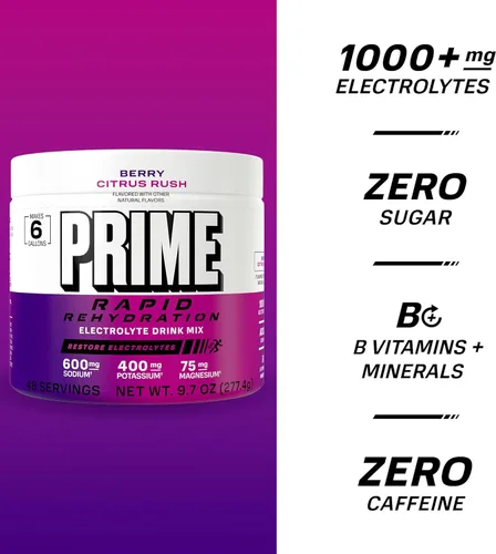 Miniatura 4 de Prime Rapid - Electrolito en polvo de rehidratación, Berry Citrus Rush, mezcla de bebida de hidratación sin azúcar con sodio, potasio, magnesio
