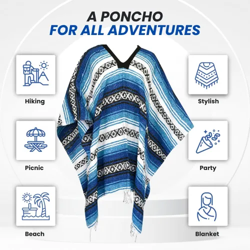 Miniatura 62 de Artisans Bazaar Poncho tradicional mexicano de Baja para hombres y mujeres, auténtico sarape de Gaban, manta de vaquero Pancho Jorongo