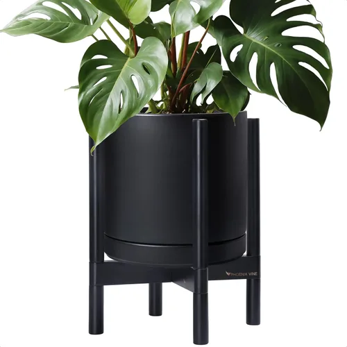 Miniatura 49 de D'vine Dev Maceta de cerámica con soporte de ébano – Maceta redonda moderna de 8 pulgadas con soporte para maceta de madera, color negro, 55-B-M-2