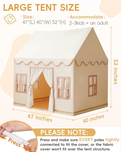 Miniatura 7 de Tienda de campaña grande para niños con luces de estrellas, banderas y bolsas de mano, tienda de campaña para niños en interiores y exteriores, Crema