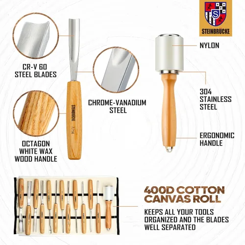 Miniatura 5 de Kit de tallado de madera, juego de herramientas de tallado de madera de 12 cinceles y mazo con estuche de lona, juego de cuchillos de tallado